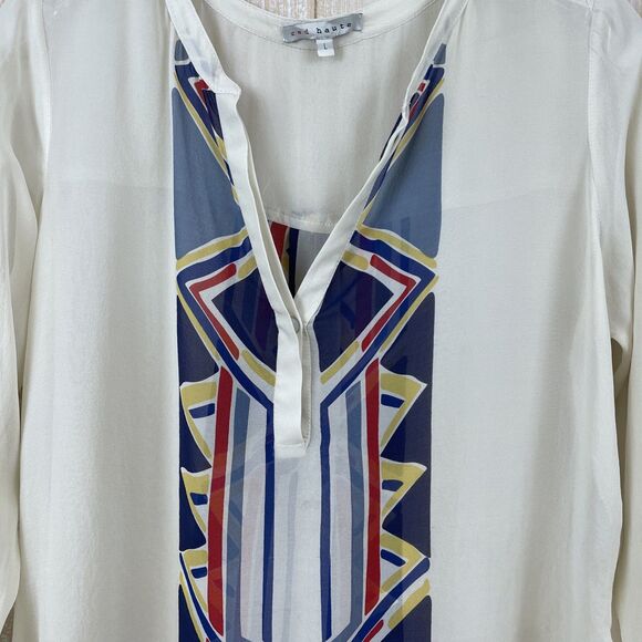 Red Haute 100% Silk Long Sleeve Cream Colorful Blouse Size Large Sheer Tribal - Picture 2 of 12